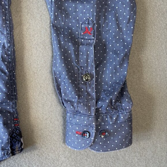 Au Noir Mens Button Up Shirt Size 4 Blue Polka Dot Flip Cuff Going Out Faded - Picture 9 of 16